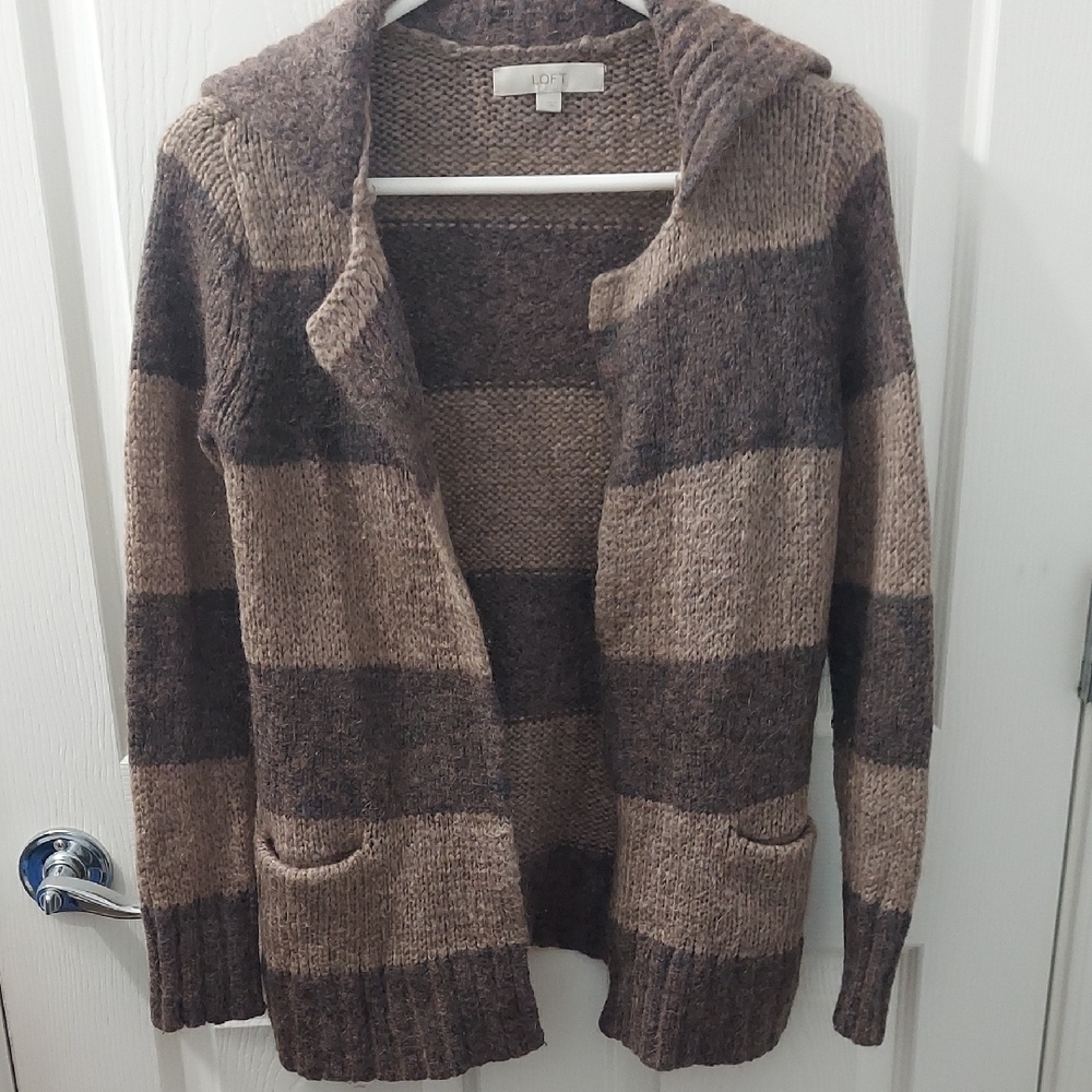 LOFT Women Brown Open Front Cardigan Shawl Collar Chunky Knit Wool Mohai…